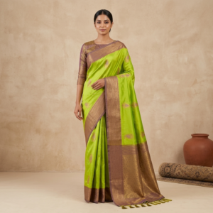 Lime Green Soft South Silk Saree with Woven Gold Border & Paisley Motifs