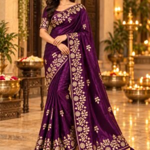 Royal Plum Pita Work Party Saree